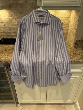 Thomas Dean Blue and White Vertical Stripe Dress Shirt